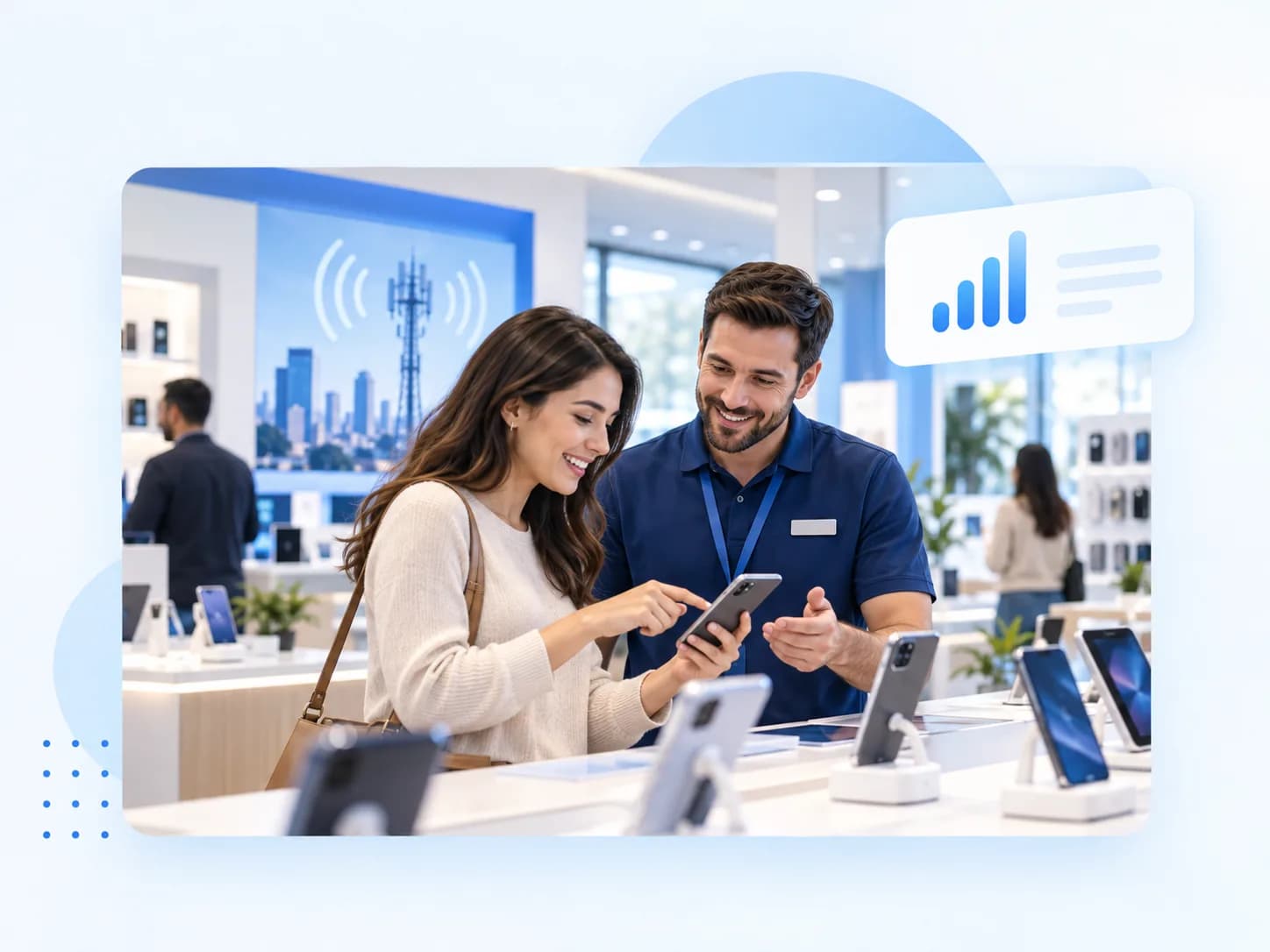 Telecom retail environment with frontline teams and in-store customer journeys.