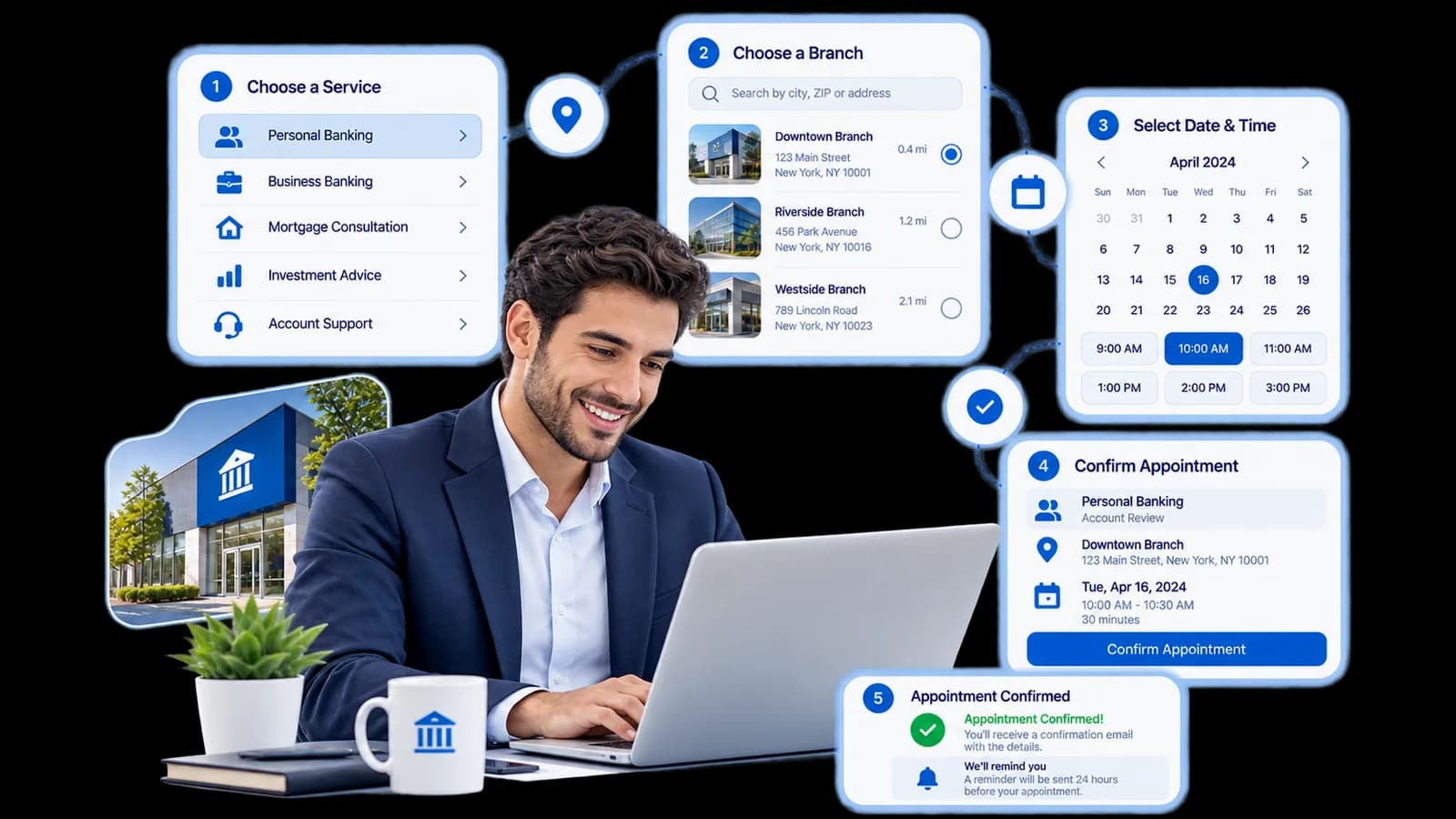 Customer appointment booking journey from service selection to confirmation
