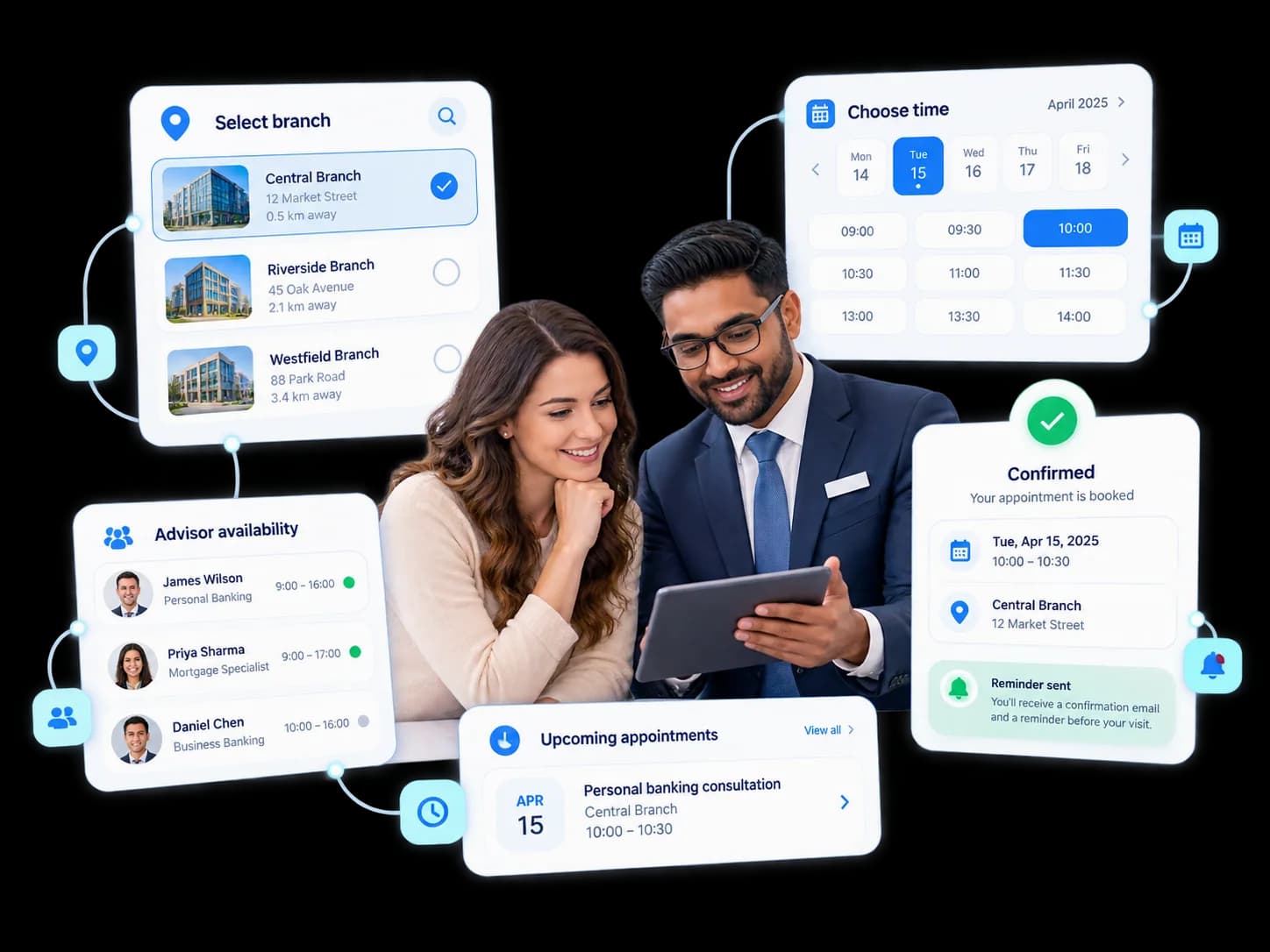 Customers booking a branch appointment: select a location, choose a time and confirm the visit
