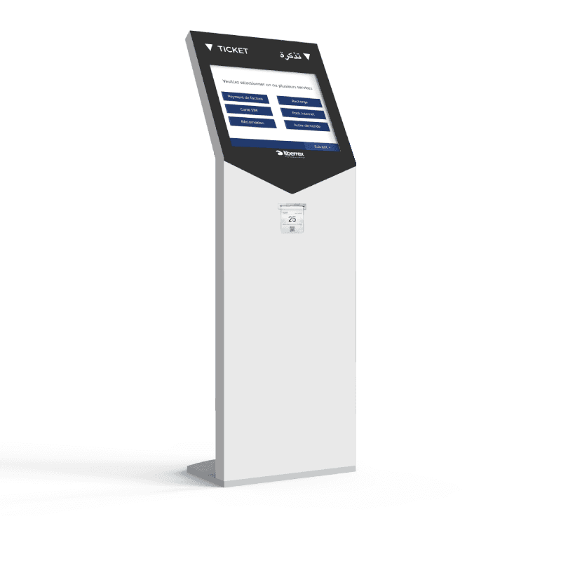 Liberrex kiosk used to select a service and issue a ticket.