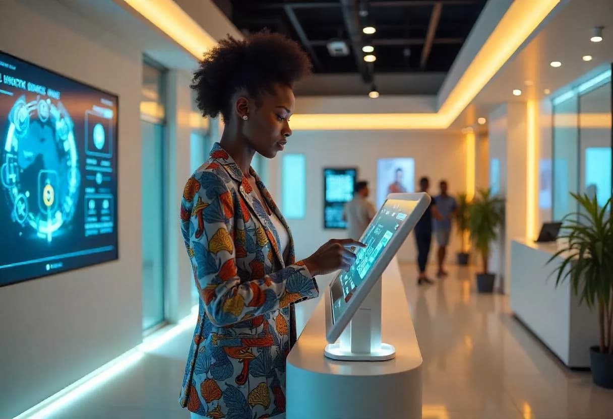 Une femme utilise un écran libre-service dans un hall d’agence.