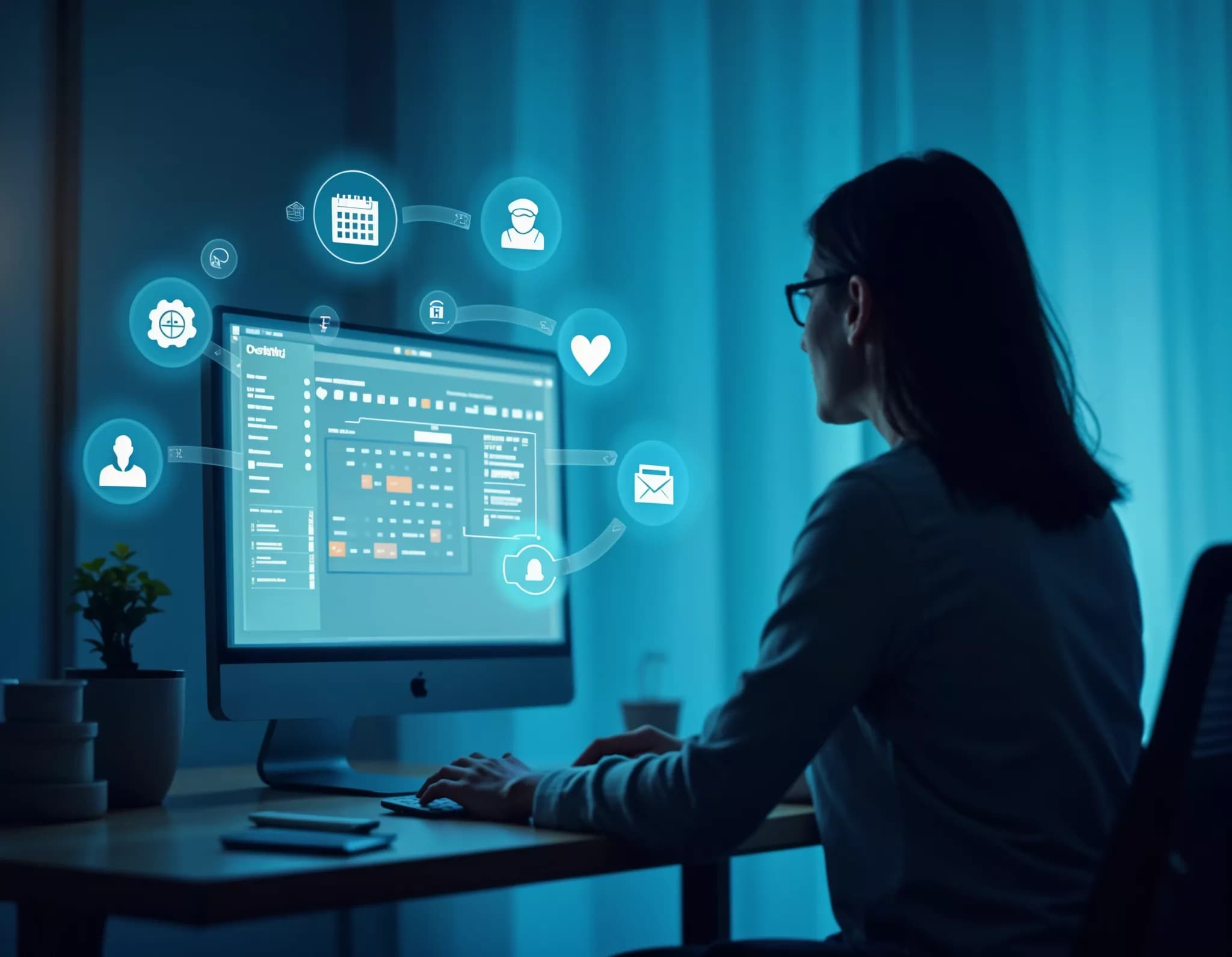 A person at a desk using appointment software on a computer.