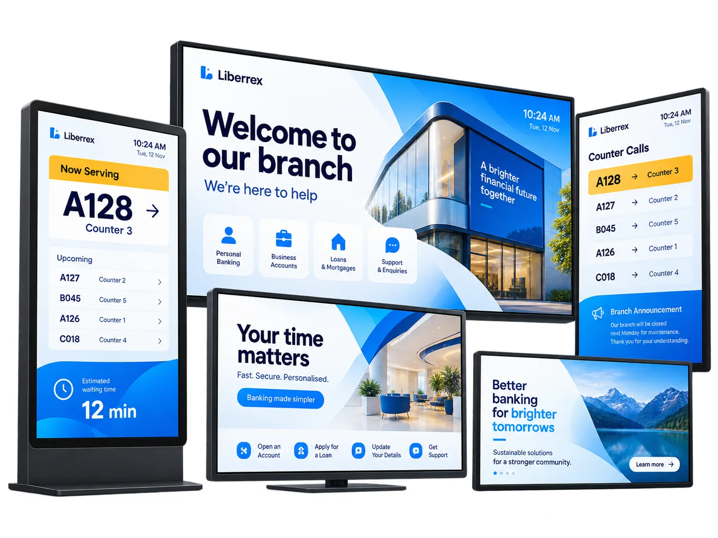 Conceptual illustration of customer-facing digital signage screens in a branch