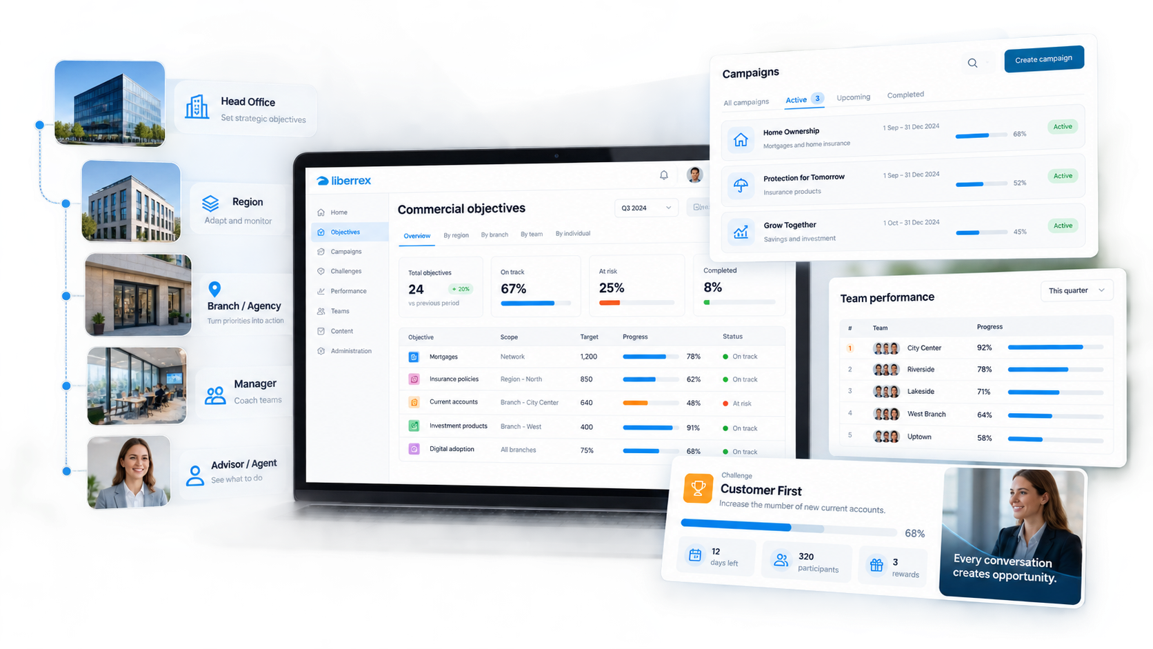 Conceptual Liberrex view of campaigns, challenges and team participation around commercial objectives.
