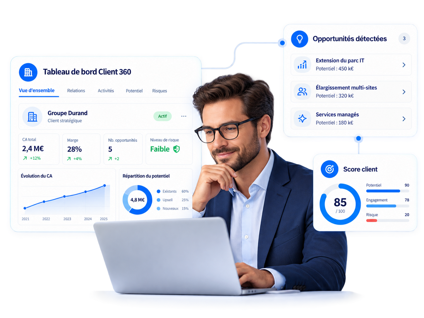 Advisor reviewing a customer 360 dashboard, with detected opportunities and a customer score.