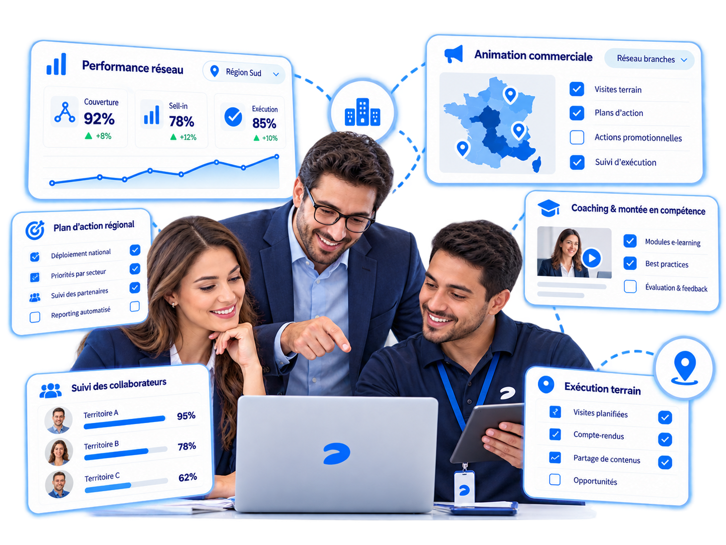 Managers and a frontline employee reviewing network performance, campaigns, coaching and field execution.